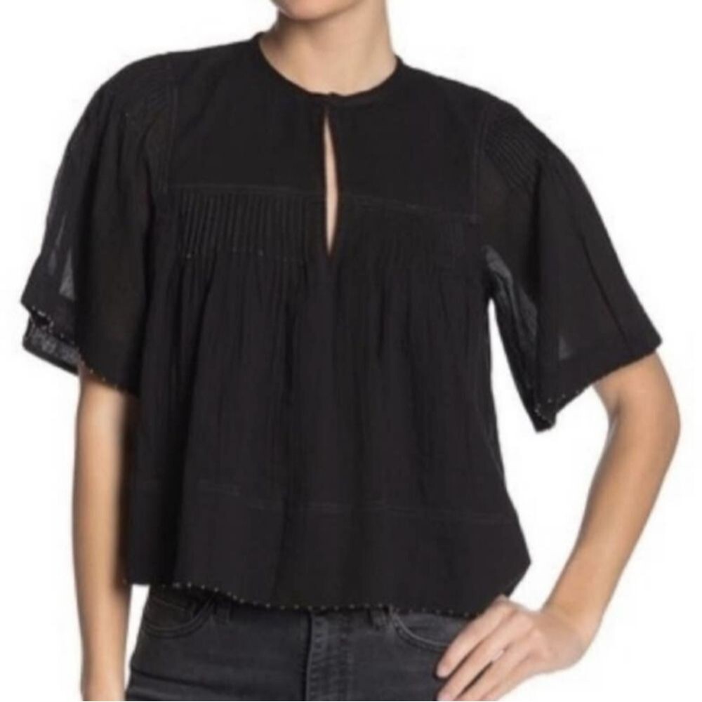 Joie Serapia Black Caviar Pleated Gauzy Beaded Top Size S